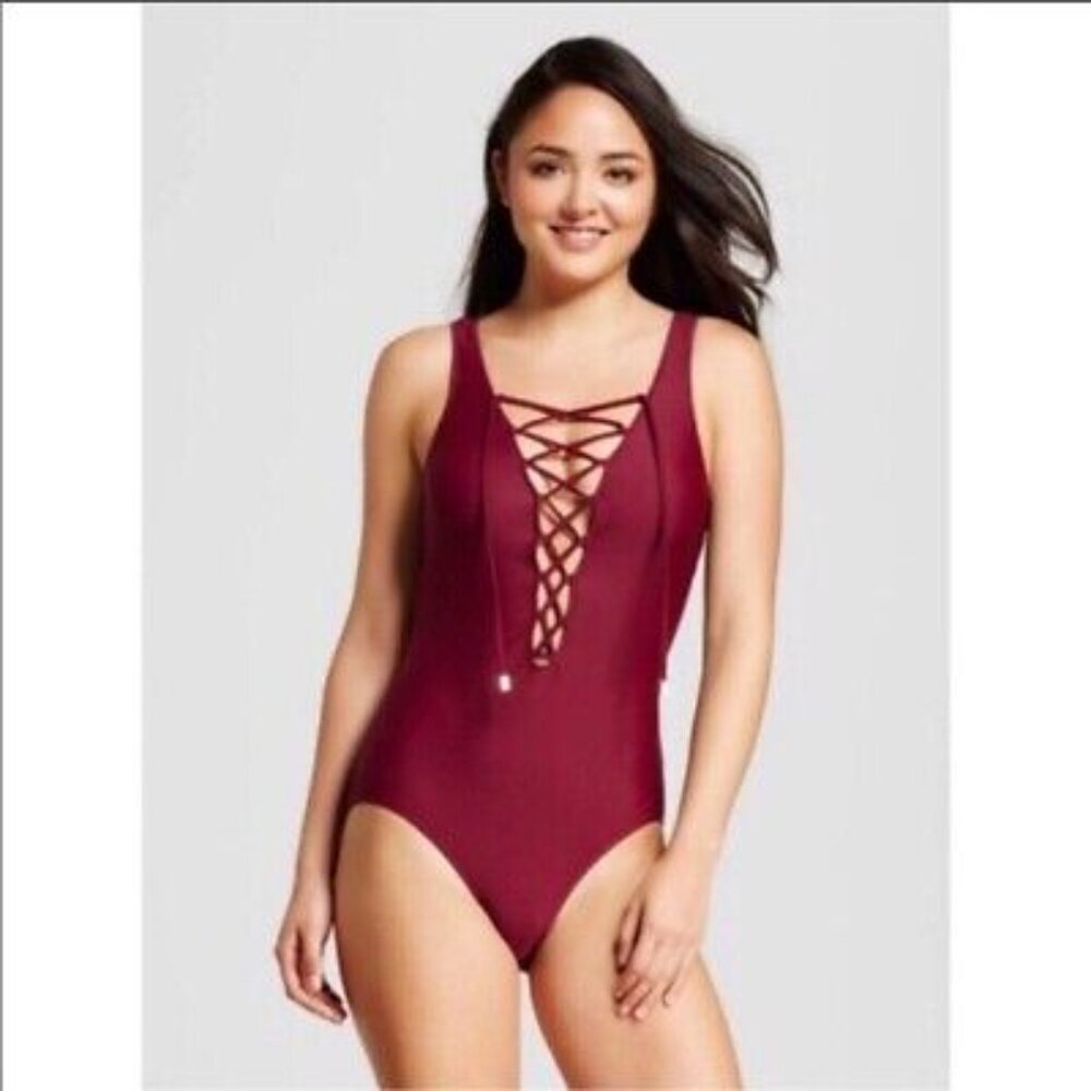 Mossimo Burgundy Lace-Up One-Piece Swimsuit (Size XL)